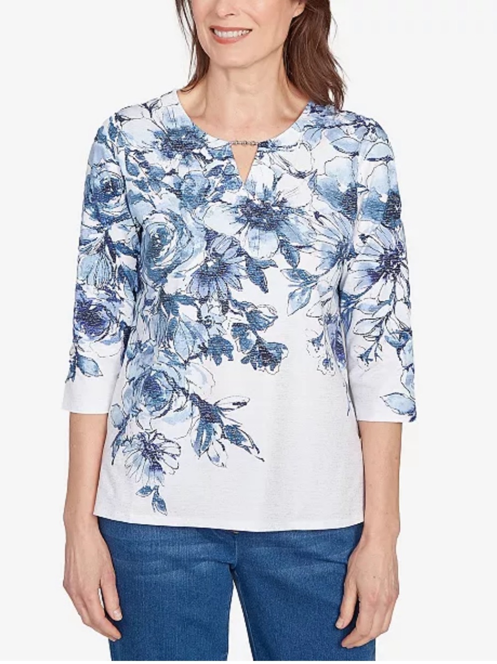 New! Alfred Dunner White & Blue Floral Keyhole Neck 3/4 Sleeve Cotton Top Small
